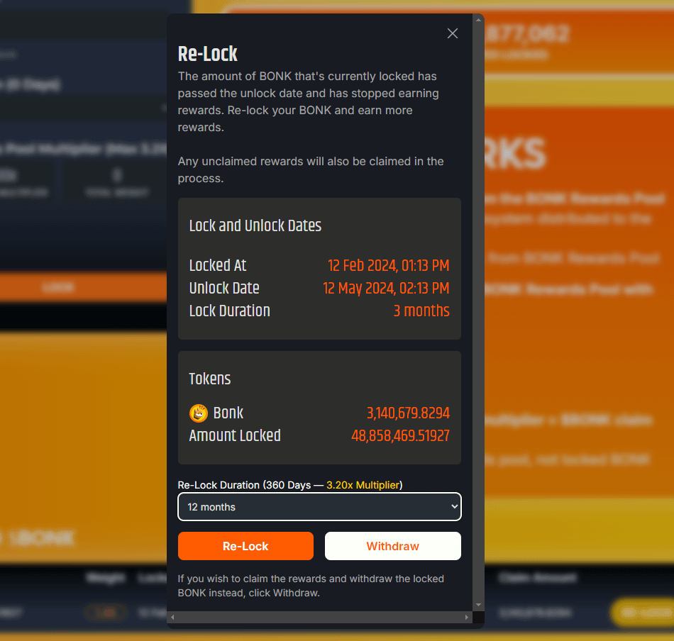 Have some BONK locked on BONKrewards that has expired? Use the Re-lock  button to start a new Lock period and continue to earn daily rewards❗️❗️❗️  You have the option to withdraw with