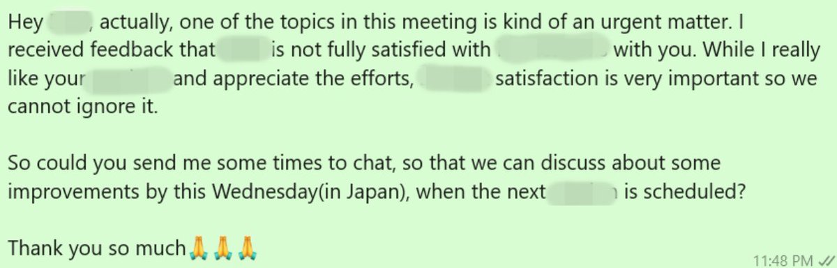 Lyrics_English_'s tweet photo. アメリカ人がというよりコミュ力の高い人は皆こう話してる印象。

礼儀もそうだけど、こういう気遣いですべてのコミュニケーションがめちゃめちゃ円滑になる。

リリックの場合は、外注先にこんな感じで使ってます。

先にポジティブな反応を返す
↓
ネガ��ィブな話（指摘など）
↓
最後にまたポジティブに締める

写真は納品物の質が低かった外注先のFBだけど、最初に相手のサービスに対してポジティブなフィードバックをしてからネガティブな面に触れて、最後に強調気味で感謝を伝えてます。

日本でもこういう考えが浸透すればいいね。