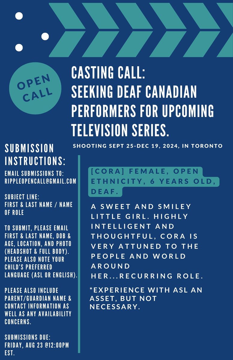 We're seeking deaf Canadian performers for an upcoming television series shooting September 25th - December 19th in Toronto, Ontario.  Female, open ethnicity, 6 years old, deaf. Experience with ASL an asset but not necessary. 🎬
#castingactors #kidscasting