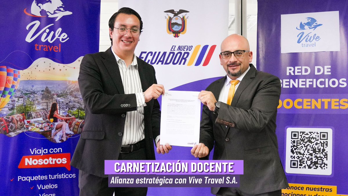 Educacion_Ec's tweet photo. 🤝 Formalizamos una importante alianza estratégica con Vive Travel S.A. en el contexto de la #CarnetizaciónDocente. Esta colaboración tiene como objetivo ofrecer a los profesionales de la educación acceso a ofertas y descuentos exclusivos en paquetes turísticos. 👩🏻‍🏫👨🏻‍🏫

¡Continuamos fomentando alianzas público-privadas que aporten beneficios a los docentes, reafirmando nuestro compromiso con su bienestar y desarrollo profesional!

#ElNuevoEcuadorResuelve
