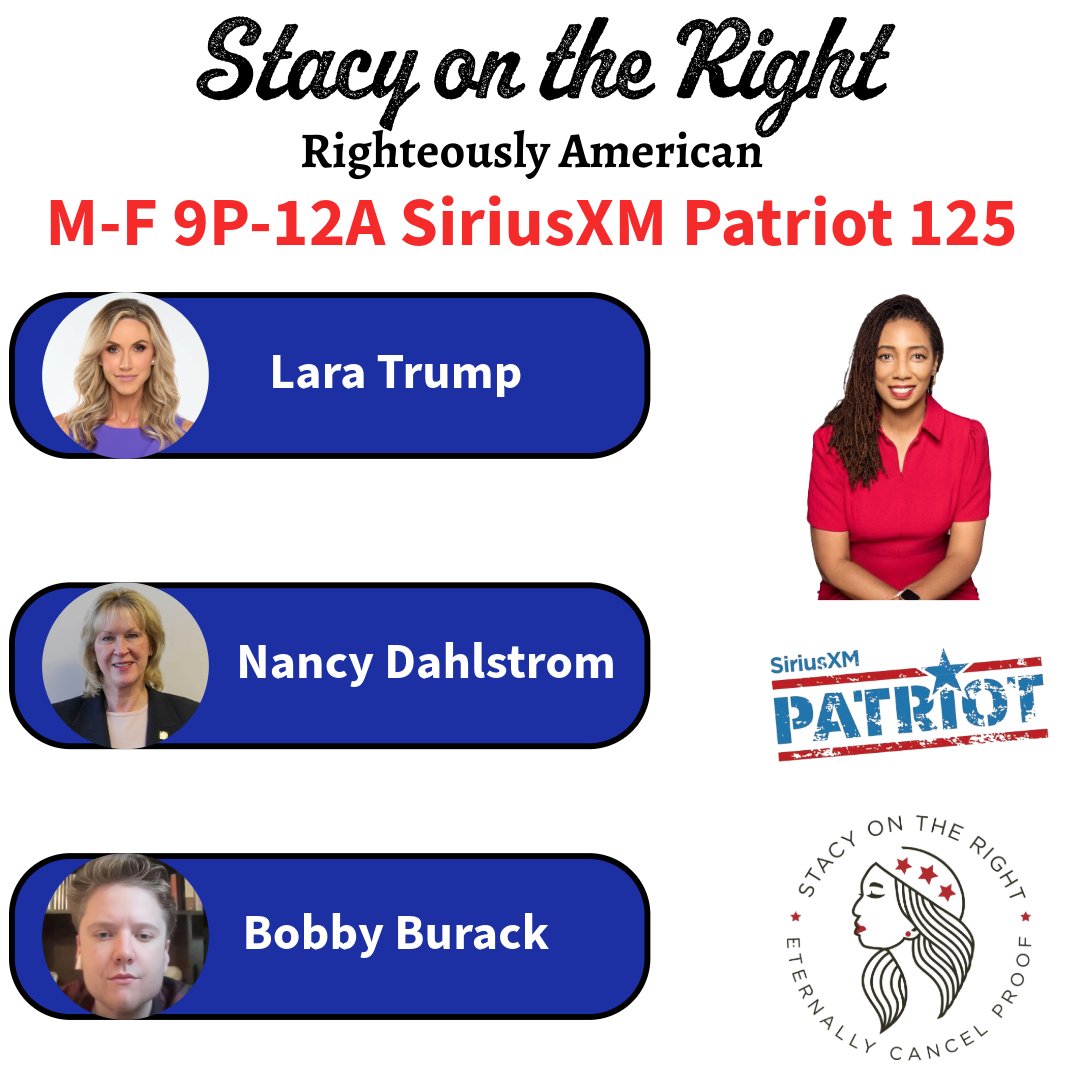 SiriusXM Patriot (@siriusxmpatriot) on Twitter photo Tonight On <a href="/StacyOnTheRight/">Stacy Washington</a> 9pm-12am ET
9:20pm <a href="/LaraLeaTrump/">Lara Trump</a>
10:00pm <a href="/nancyforalaska/">Nancy Dahlstrom</a>
11:00pm <a href="/burackbobby_/">Bobby Burack</a>
Tonight's Opening Verse: Psalm 107:1-8
Call In Now: 866-957-2874
sxm.app.link/Patriot
sxm.app.link/StacyOnTheRight
#SOTR #RighteouslyAmerican Tonight On <a href="/StacyOnTheRight/">Stacy Washington</a> 9pm-12am ET
9:20pm <a href="/LaraLeaTrump/">Lara Trump</a>
10:00pm <a href="/nancyforalaska/">Nancy Dahlstrom</a>
11:00pm <a href="/burackbobby_/">Bobby Burack</a>
Tonight's Opening Verse: Psalm 107:1-8
Call In Now: 866-957-2874
sxm.app.link/Patriot
sxm.app.link/StacyOnTheRight
#SOTR #RighteouslyAmerican
