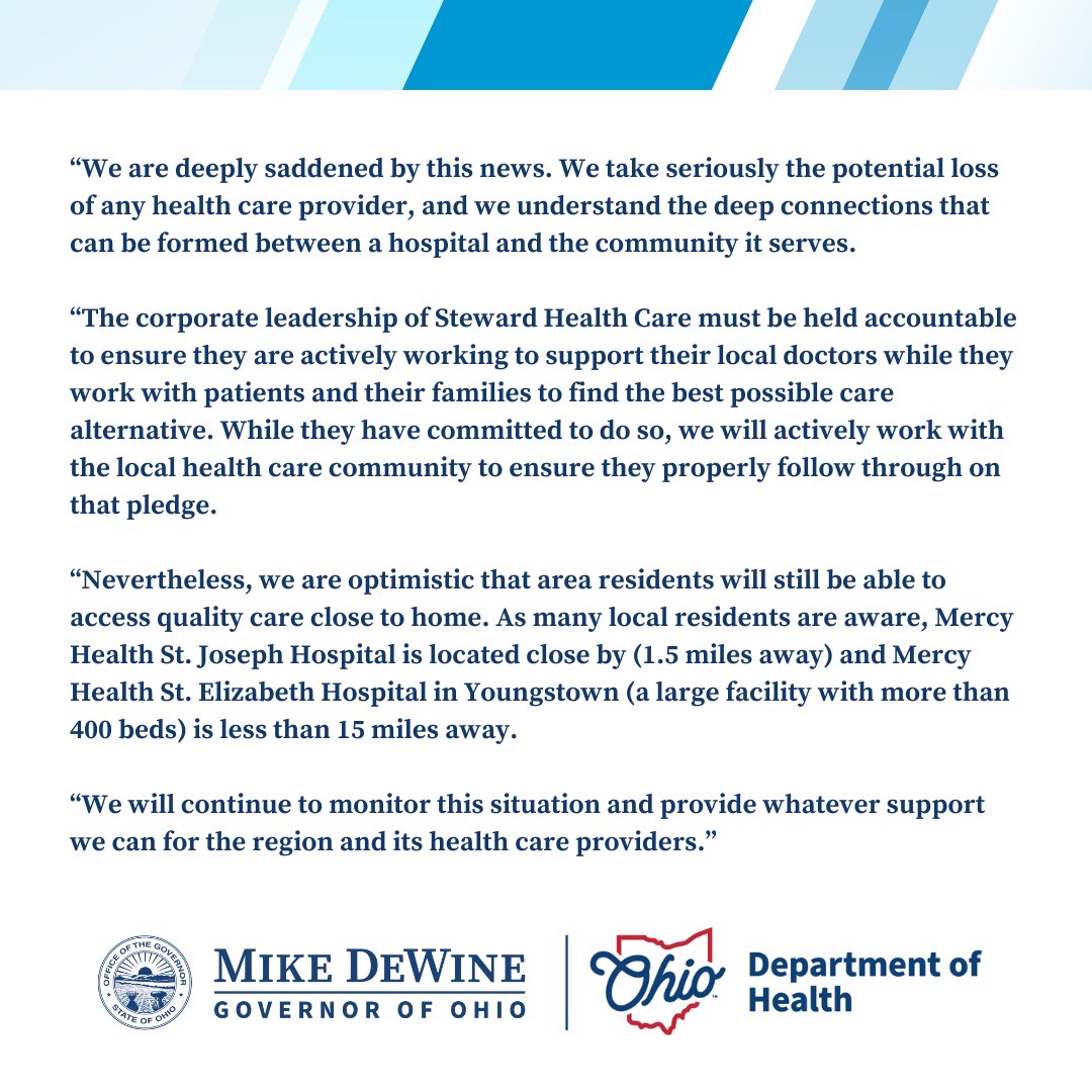 My statement with <a href="/OHdeptofhealth/">Ohio Dept of Health</a> Director Bruce Vanderhoff, M.D., MBA, following Steward Health Care’s announcement of their intention to close Trumbull Regional Medical Center and Hillside Rehabilitation Hospital in Warren, Ohio: