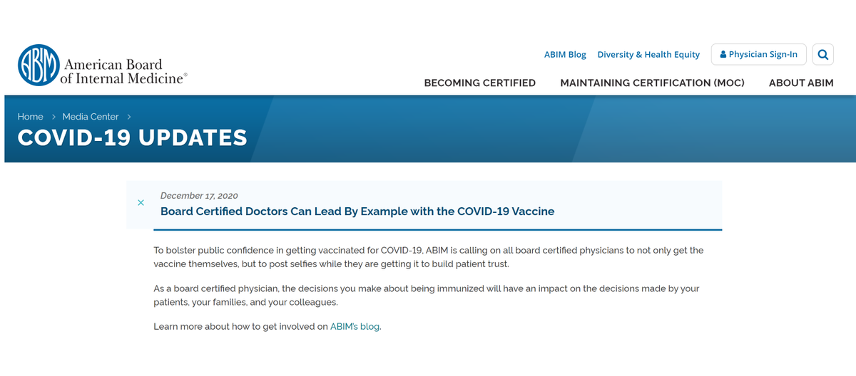 P_McCulloughMD's tweet photo. American Board of Internal Medicine "Selfie" Campaign Substantially Encouraging Doctors to Take the Brand New COVID-19 Vaccines, Dec 17, 2020

Then use that picture as leverage to pressure their patients to take the shot.  With no safety or efficacy data beyond 3 months.  ABIM never updated members or their patients on risks of myocarditis, paralysis, blood clots, or other problems as they emerged in FDA warnings and the peer-reviewed literature.  ABIM uses a COVID-19 Misinformation Policy to target doctors for reprisal.