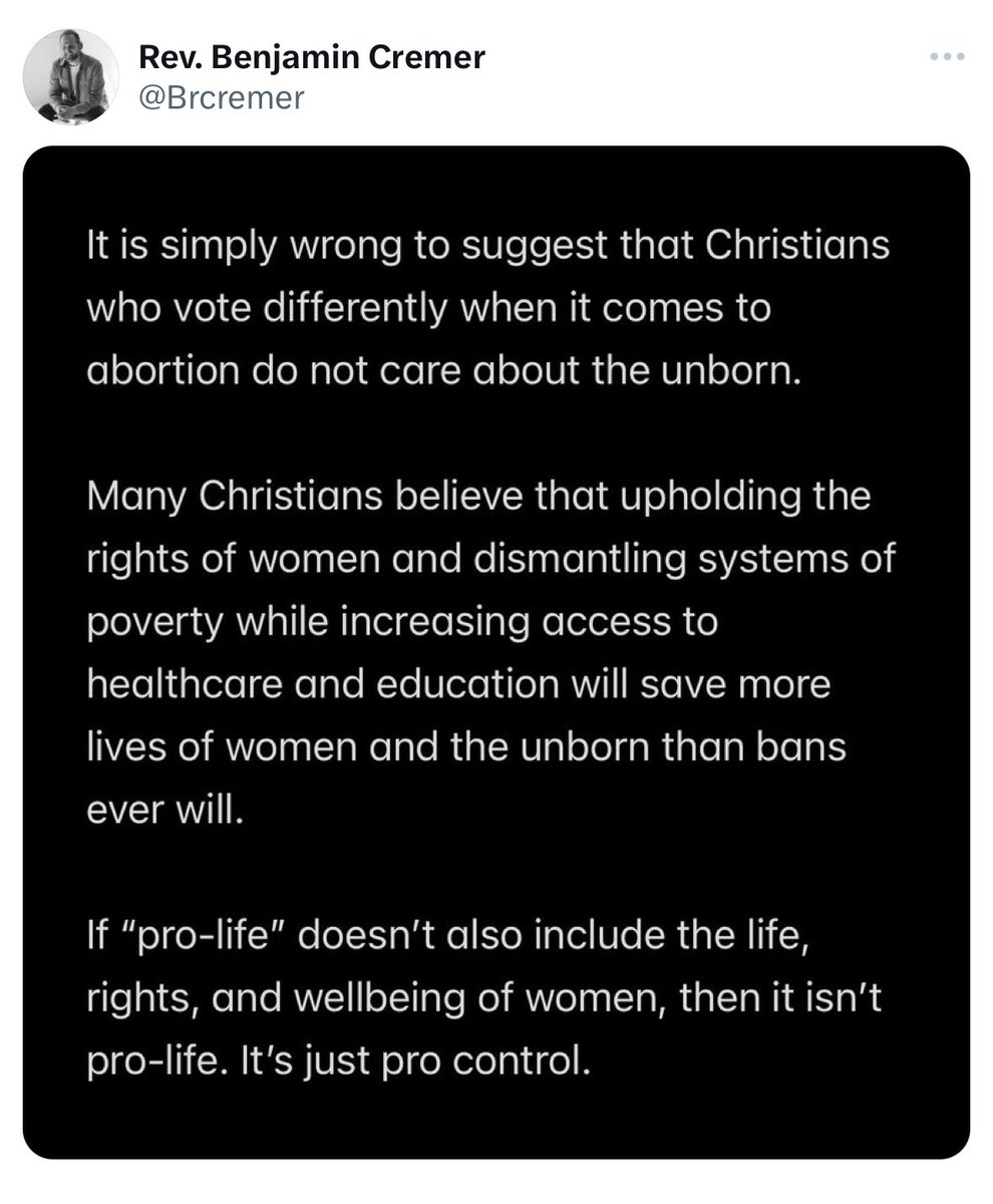 ZachWLambert's tweet photo. “If ‘pro-life’ doesn’t also include the life, rights, and wellbeing of women, then it isn’t pro-life. It’s just pro-control.” @Brcremer https://t.co/REafQvWIYZ