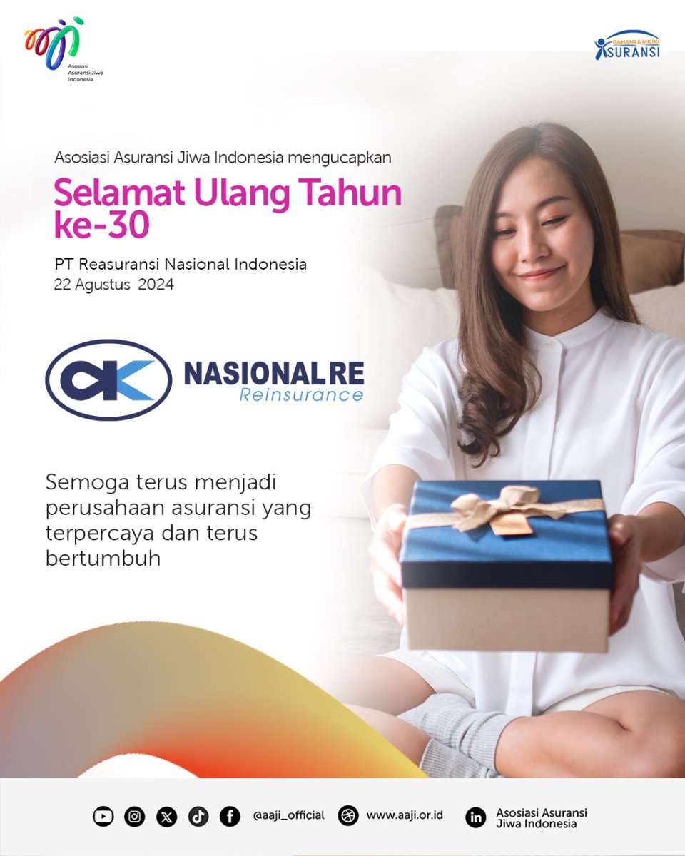 aaji_official's tweet photo. Asosiasi Asuransi Jiwa Indonesia mengucapkan selamat ulang tahun ke-30 untuk @NasionalRe 🎉🎂

Semoga terus menjadi perusahaan asuransi yang terpercaya dan terus bertumbuh ❤️

#aaji #asuransijiwa #pahamidanmilikiasuransi #transformasidankolaborasi https://t.co/7FZFa487u9