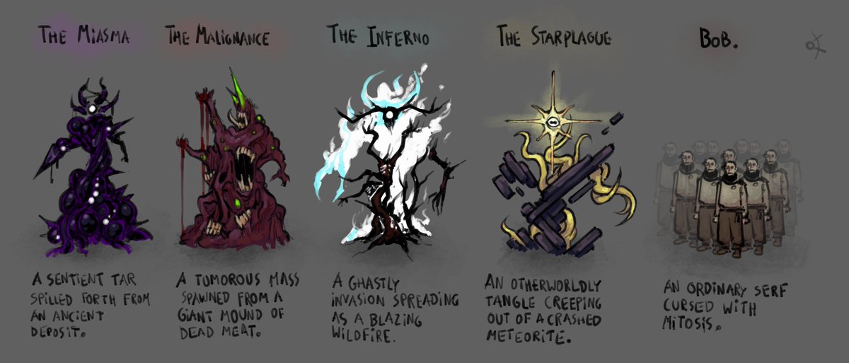Goosusette's tweet photo. Had a sudden idea for a board game where you and the other players control different invasive evils to see who can corrupt the most land. Did some concept art of different playable factions https://t.co/zdV0eXEcyM