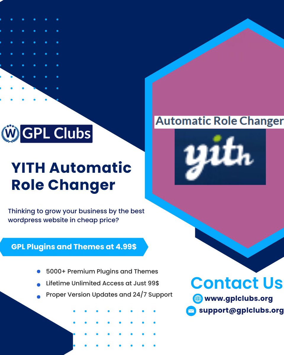 GplClubs's tweet photo. 🌐 YITH Automatic Role Changer at just 4.99$👍👍

🏆 Buy from here : https://t.co/D2hv23XsBM

🌏 Our website - https://t.co/YT8W45uuCH
   Email us : support@gplclubs.org

#wordpressthemes 
#wordpresstheme
#wordpresspremiumthemes
#gplthemesandplugins 
#gpltheme
#gplthemes https://t.co/gd6F31hKBw