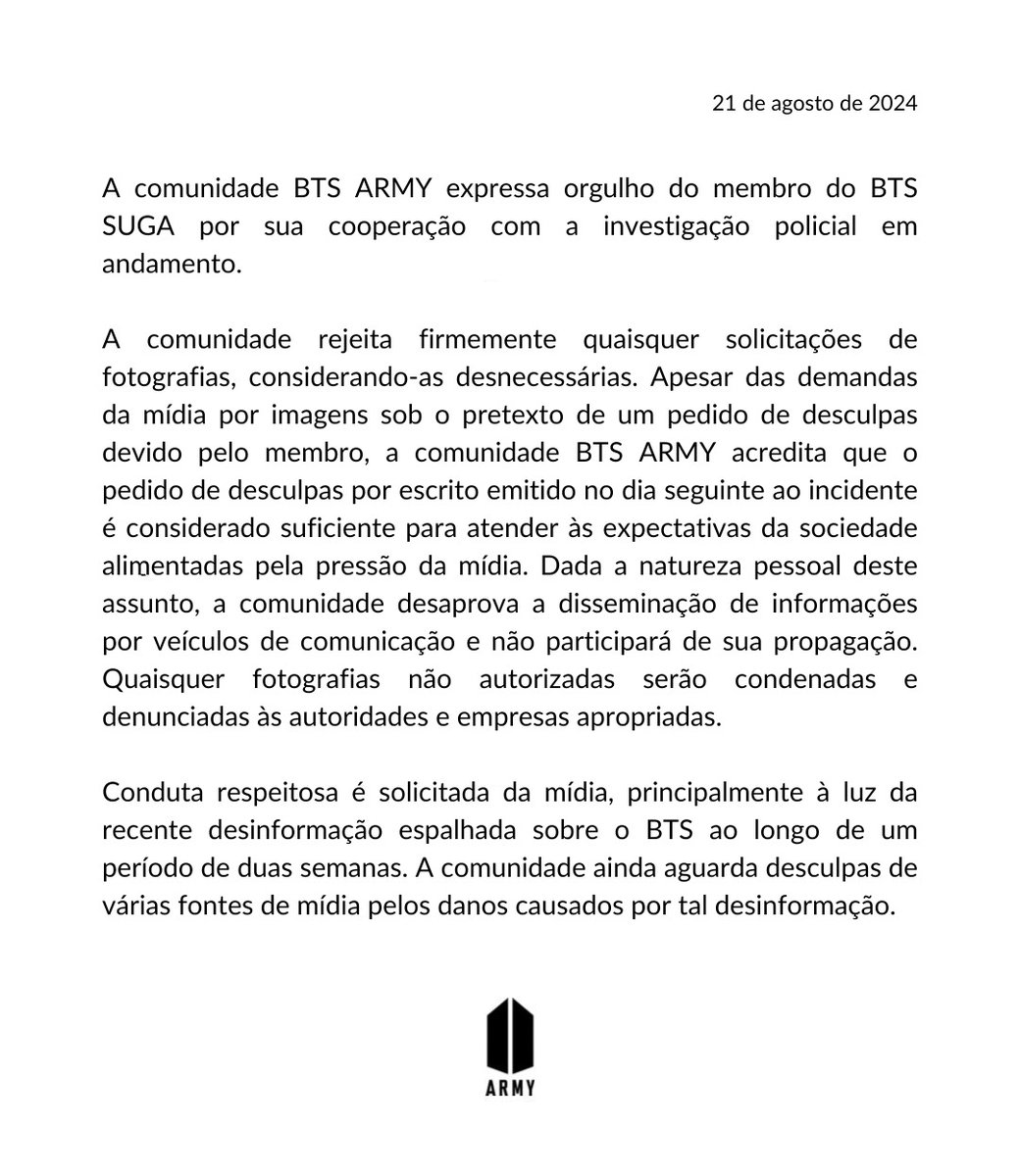 UniversBTS_'s tweet photo. [PRONUNCIAMENTO]

Dêem RT e divulguem o máximo possível, em todas redes sociais! 

#ARMYShieldsBTS 
#ARMYStandsWithSuga https://t.co/P11EgkQzWr