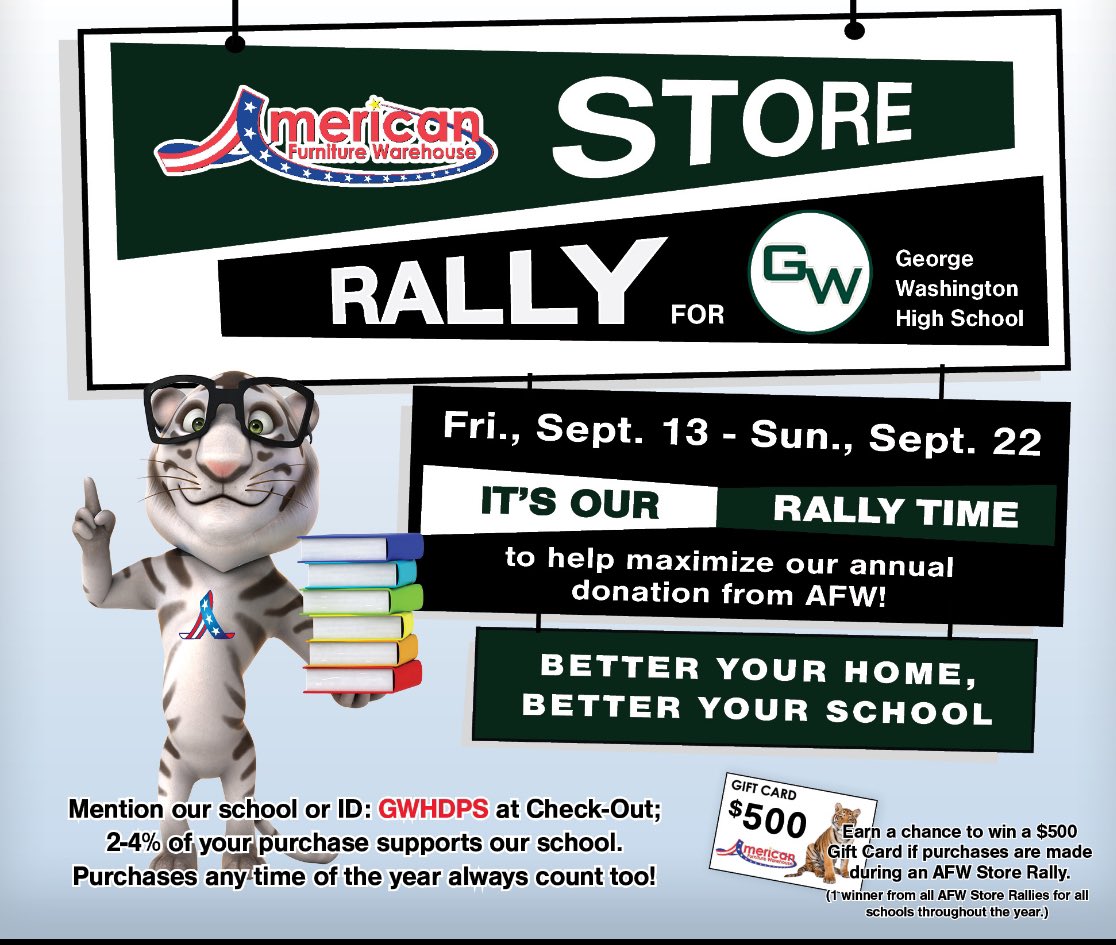 You can purchase anytime of the year to support our school… BUT, COMING SOON, YOU ARE INVITED TO SHOP AT AFW’s STORE RALLY,Fri., Sept. 13 – Sun., Sept. 22 TO HELP US MAXIMIZE OUR NEXT ANNUAL DONATION that we’ll receive soon afterwards. Purchases during the Store Rally
