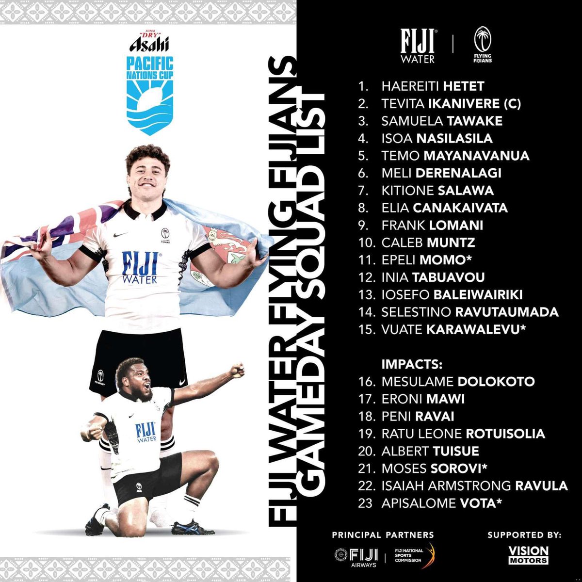 fijirugby's tweet photo. YOUR FIJI Water Flying Fijians against Manu Samoa 🇫🇯 
SEE YOU AT THE HFC BANK STADIUM TOMORROW, VUVALE 🫡‼️

🇫🇯 🆚️ 🇼🇸 
📅 Friday 23rd August 
⏰️ Kick-off 6pm

#duavataveilomanirakavi #fijiwater #flyingfijians https://t.co/pEzAShDf7g