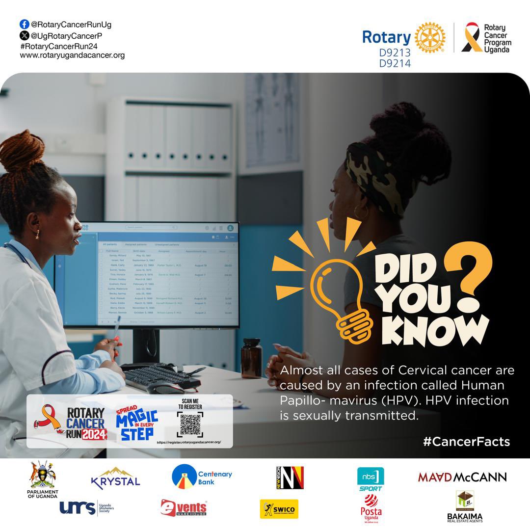 #DYK: HPV infection is the cause for most cervical ♋️ cases ? 

Runners can secure the #RotaryCancerRun24 kits through the registration link ⬇️ : register.rotaryugandacancer.org 

Together let’s #SpreadMagicInEveryStep