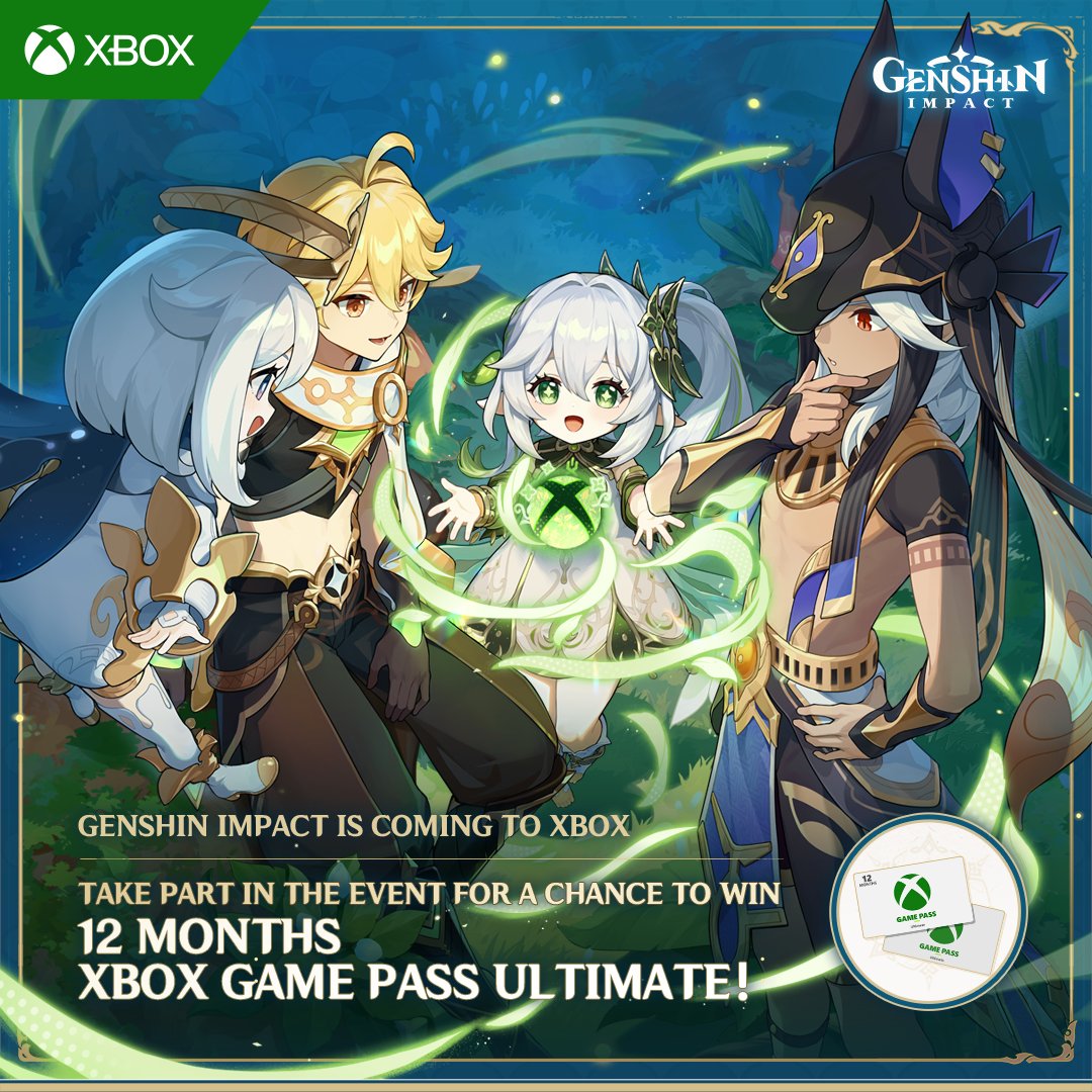 Genshin Impact (@genshinimpact) on Twitter photo ✨Genshin Impact is coming to Xbox on November 20, 2024! ✨
🎁Participate for a chance to win Xbox Game Pass Ultimates. (15 Winners)
How to Participate:
① Follow <a href="/GenshinImpact/">Genshin Impact</a>
② Share this post
Check your result now: hoyo.link/9dVkFBAL
#BoxImpact #GenshinImpactXbox ✨Genshin Impact is coming to Xbox on November 20, 2024! ✨
🎁Participate for a chance to win Xbox Game Pass Ultimates. (15 Winners)
How to Participate:
① Follow <a href="/GenshinImpact/">Genshin Impact</a>
② Share this post
Check your result now: hoyo.link/9dVkFBAL
#BoxImpact #GenshinImpactXbox
