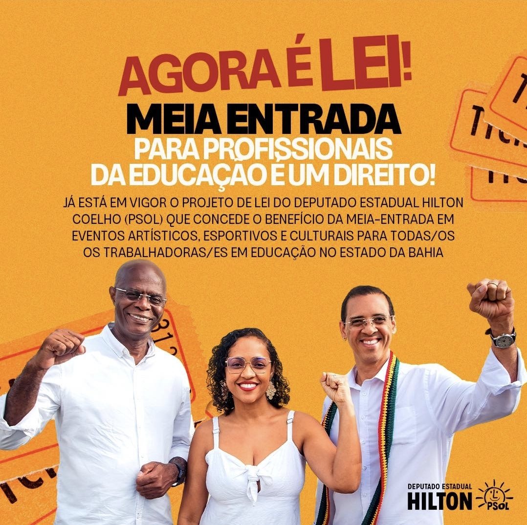 JorgeAlmei's tweet photo. 🎉🎉🎉 📚 *VITÓRIA DA EDUCAÇÃO!!*Meia entrada para profissionais da Educação Agora é lei! ⚖️🎟️
 ✅ Meia entrada para todas as pessoas que trabalham com a educação na Bahia agora é um direito! ✊🏾
O projeto que o nosso mandato aprovou na @legislativoalba já está em vigor! https://t.co/3aYvnvBSP4