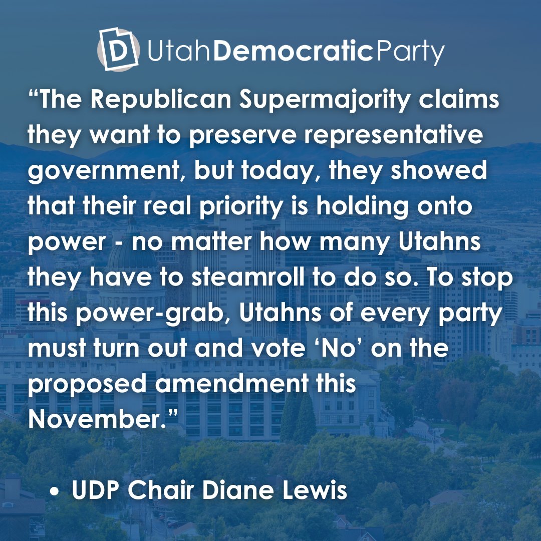 UtahDemocrats's tweet photo. We oppose the Republican Supermajority's power-grab. Their proposed constitutional amendment will take away Utahns' freedom - and we have to defeat it at the polls this November.

Sign up to volunteer at https://t.co/98UVCxh5Ea https://t.co/4B0hq0nfdM