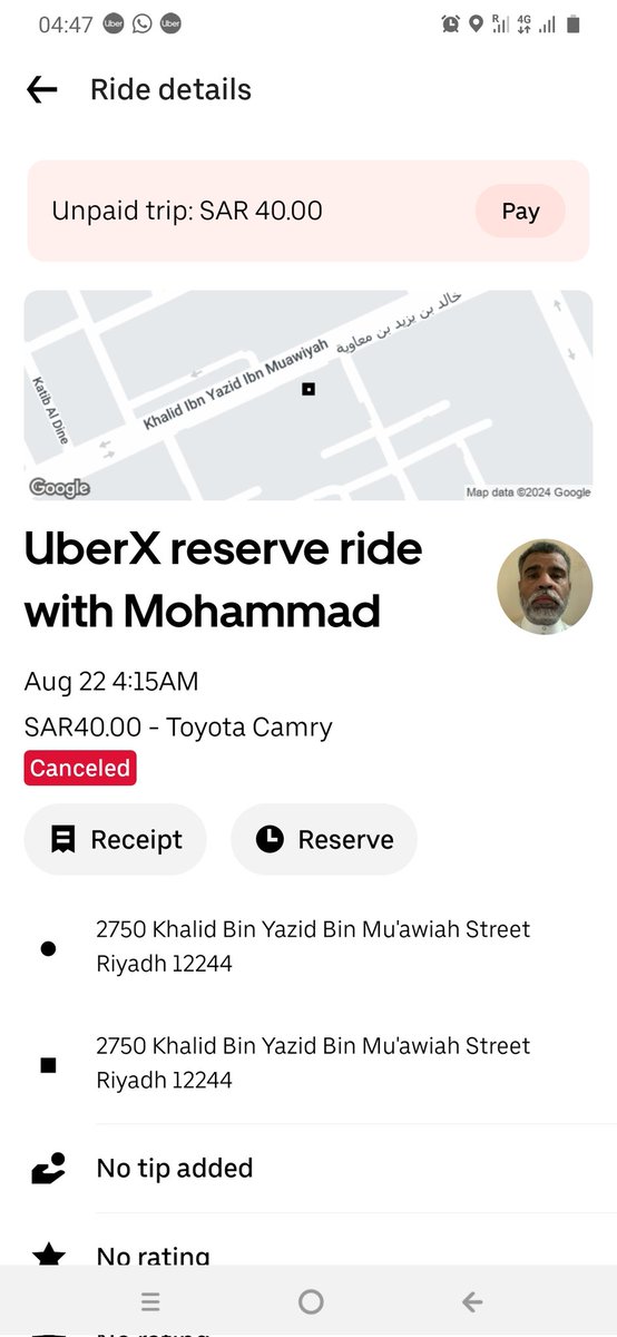 majida2z's tweet photo. @Uber_KSA @Uber_Support I booked a trip today at 04:15 AM to catch a train to Dammam. The driver arrived on time, but canceled the ride after just 6 minutes of waiting, even though I informed him I would be there in 5 mins. I was charged 40 SAR for this. Please review and refund. https://t.co/opk7yczzSa
