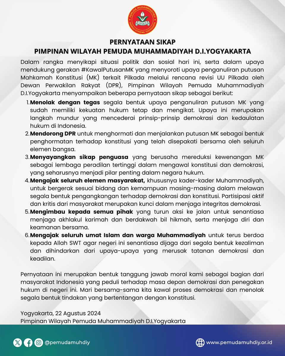 Awalnya diminta untuk bersikap atas nama bidang hikmah dan kebijakan publik, seperti halnya lainnya. Tapi saya tolak dg tegas, dg dasar bahwa oke bidang hikmah yg susun, tapi ini harus menjadi sikap dari organisasi secara utuh, bukan secara parsial bidang tertentu saja 🙏🏻