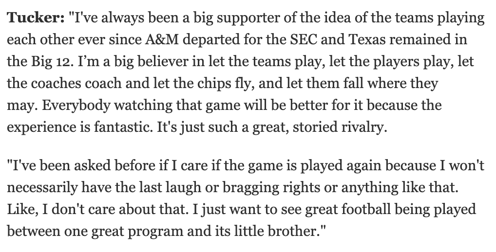 _dannydavis's tweet photo. With Texas and Texas A&amp;M set to hold a joint press conference tomorrow, I'm reminded of what Justin Tucker told me a few years ago when I asked if he wanted his kick to remain the final memory in the rivalry between the Longhorns and Aggies: https://t.co/lMQtg62XCu
