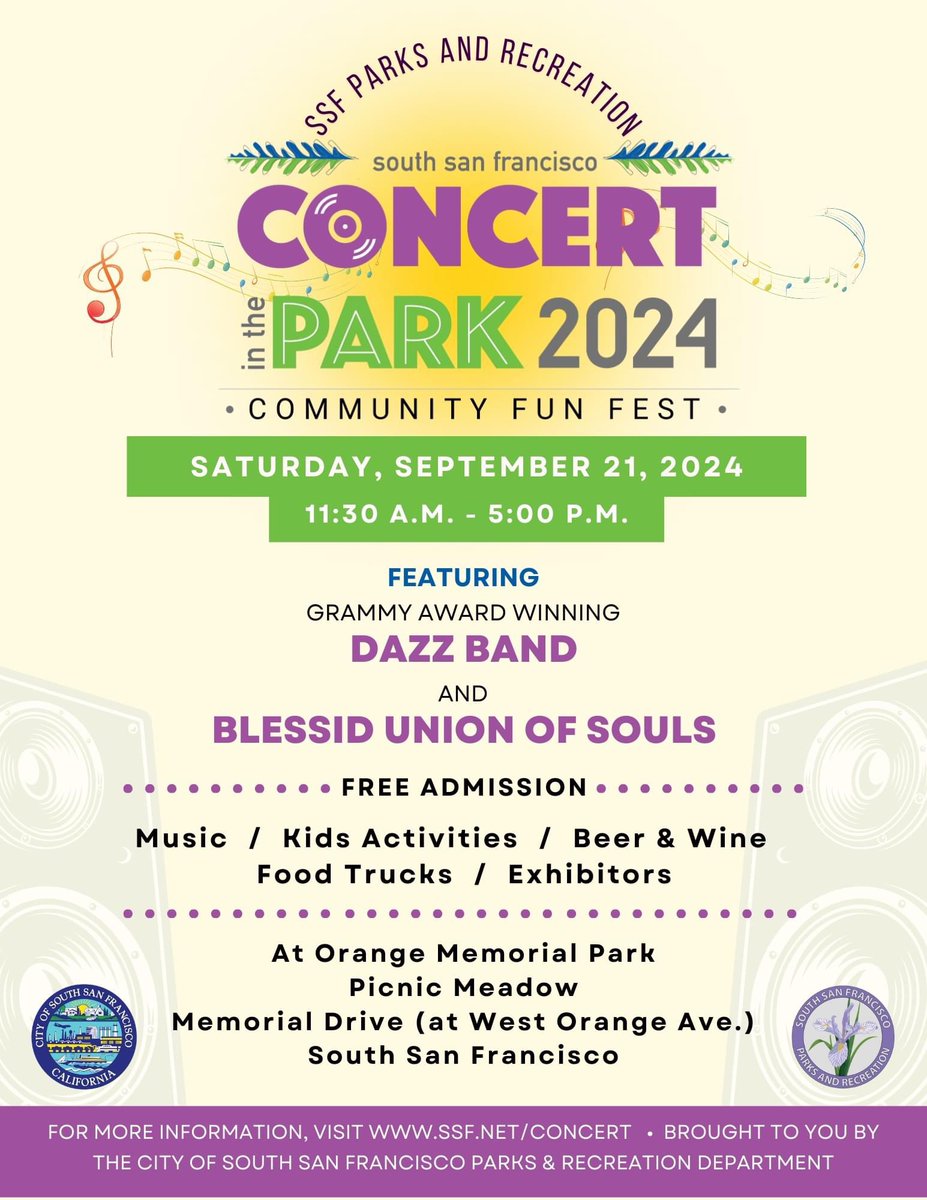SSF Parks & Recreation (@ssfparksandrec) on Twitter photo ONE MONTH COUNTDOWN BEGINS!!! Concert in the Park: Community Fun Fest is happening on Saturday, September 21 at Orange Park in South San Francisco. Mark your calendars and stay up to date on the latest details at ssf.net/concert
<a href="/CityofSSF/">South San Francisco</a> ONE MONTH COUNTDOWN BEGINS!!! Concert in the Park: Community Fun Fest is happening on Saturday, September 21 at Orange Park in South San Francisco. Mark your calendars and stay up to date on the latest details at ssf.net/concert
<a href="/CityofSSF/">South San Francisco</a>