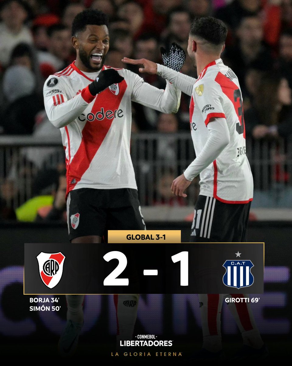 Libertadores's tweet photo. 🔝🇦🇷 ¡Avanza el Millonario! 

@RiverPlate se impuso 3-1 en el global ante @tallerescbaoficial y clasificó a los Cuartos de Final de la CONMEBOL #Libertadores 🏆

#GloriaEterna https://t.co/51wzfZ1bHg
