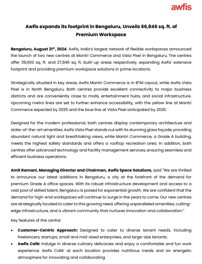 vluxeinvests's tweet image. #Awfis expands its footprint in Bengaluru, Unveils 66,846 sq. ft. of Premium Workspace’