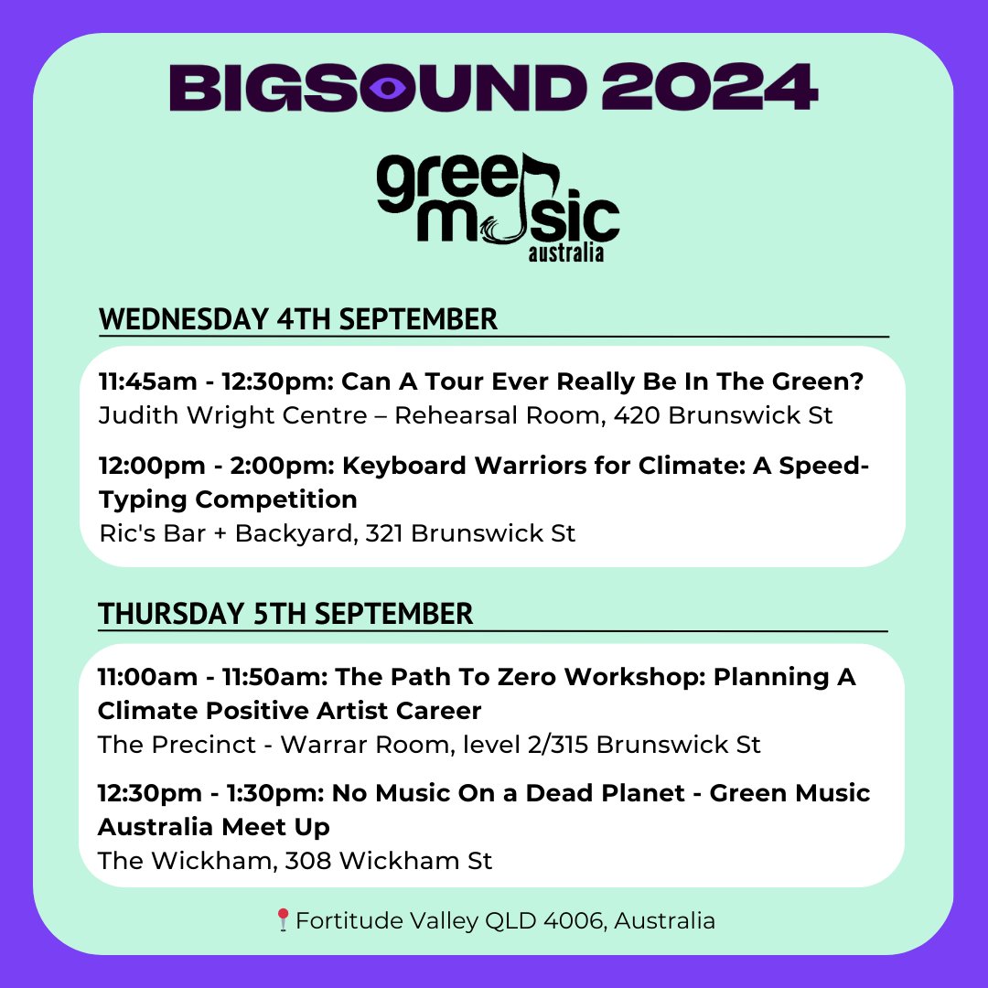 Heading to BIGSOUND in September? 🔊 Check out the Green Music Aus schedule below and we'll see you there 😎
#BIGSOUND24 <a href="/BIGSOUNDtweets/">BIGSOUND</a>
