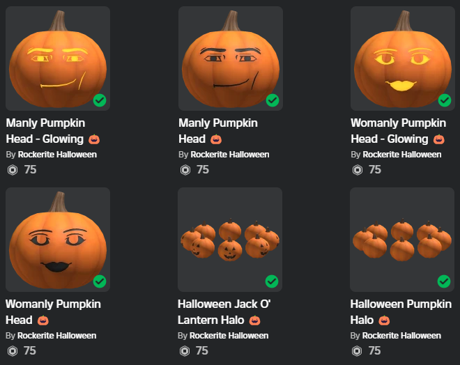 Roblox Halloween pumpkin avatar accessories shown in a creator marketplace listing