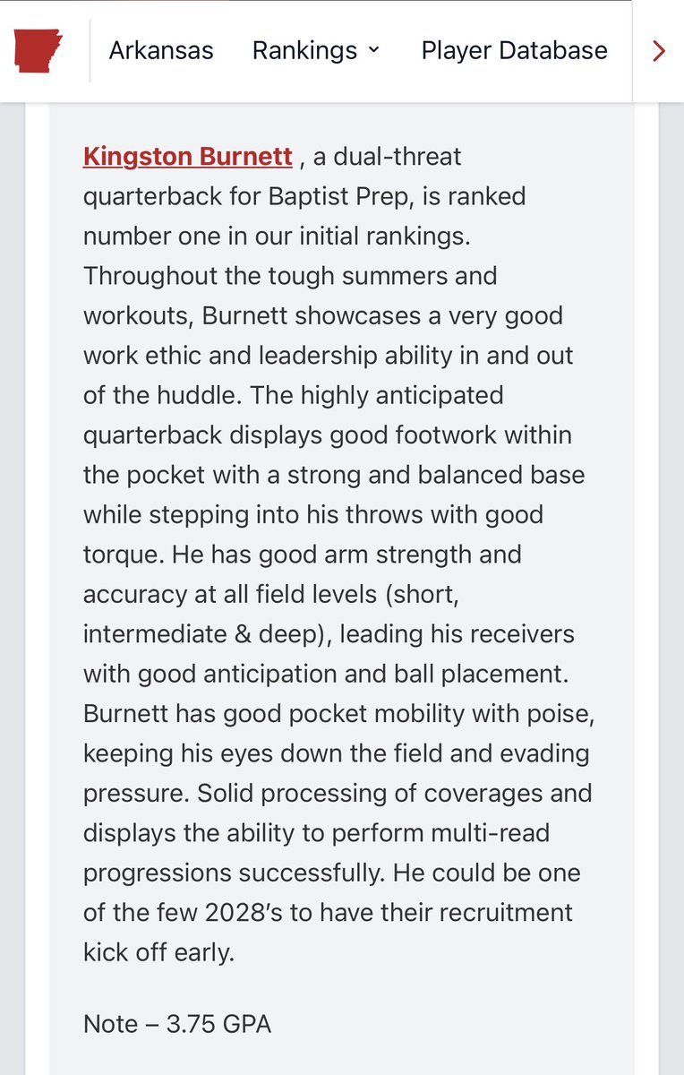 KingstonB_2028's tweet photo. Thank you @PrepRedzoneAR for the recognition. Honored &amp; Humbled to be with a group of talented athletes. Back 2 work with my coaches, team, and trainers. #Earned #NotGiven @QB_Doctor @BaptistPrep_FB @NoCutz @cedwardsNFL @tctabler @QBHitList @JtheNupe @ARPrepSports @ArkansasGems https://t.co/UJydWepJmM