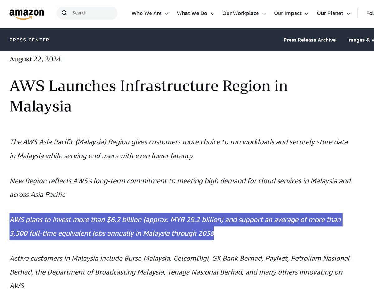 Amazon Web Services (AWS) will allocate $6.2 billion in Malaysia through 2038.

The investment is paired with the launch of the AWS Asia Pacific (Malaysia) Region.

It is expected to contribute $12.1 billion to Malaysia’s GDP and create 3,500 full time jobs every year. 🚀