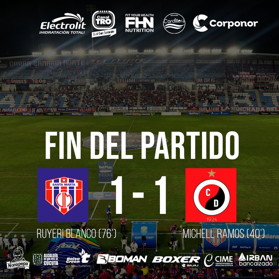 Cucutaoficial's tweet photo. 🔴⚫️ Final del partido en el Estadio Sierra Nevada.
Nos vamos con un punto de Santa Marta y llegamos a 10 unidades en el Torneo Betplay Dimayor 2024-II.
#UnionvsCucuta
#EsteEsNuestroMomento https://t.co/3ryd3CqngQ