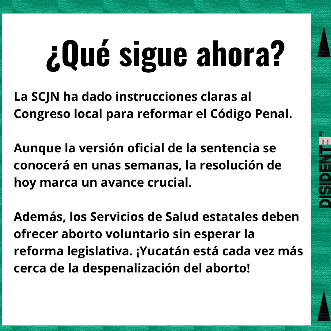 Disidente Mx (@disidentemx_) on Twitter photo Este fallo marca un avance crucial en la lucha por los derechos reproductivos y la autonomía personal. ¡Estamos más cerca de la despenalización del aborto en Yucatán!
disidentemx.com/2024/08/21/yuc…
<a href="/UNASSE_AC/">UNASSE A.C.</a> <a href="/AbortistasMx/">AbortistasMx💚</a> Este fallo marca un avance crucial en la lucha por los derechos reproductivos y la autonomía personal. ¡Estamos más cerca de la despenalización del aborto en Yucatán!
disidentemx.com/2024/08/21/yuc…
<a href="/UNASSE_AC/">UNASSE A.C.</a> <a href="/AbortistasMx/">AbortistasMx💚</a>