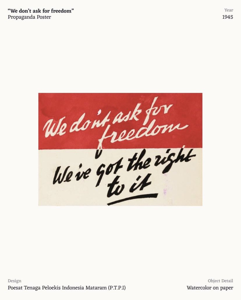 itsmeowpage's tweet image. Poster yang dibuat oleh Poesat Tenaga Peloekis Indonesia Mataram (P.T.P.I) pada tahun 1945. 

“We don’t ask for freedom, we’ve got the right to it.”

#kawalkeputusanMK #TolakPilkadaAkal2an