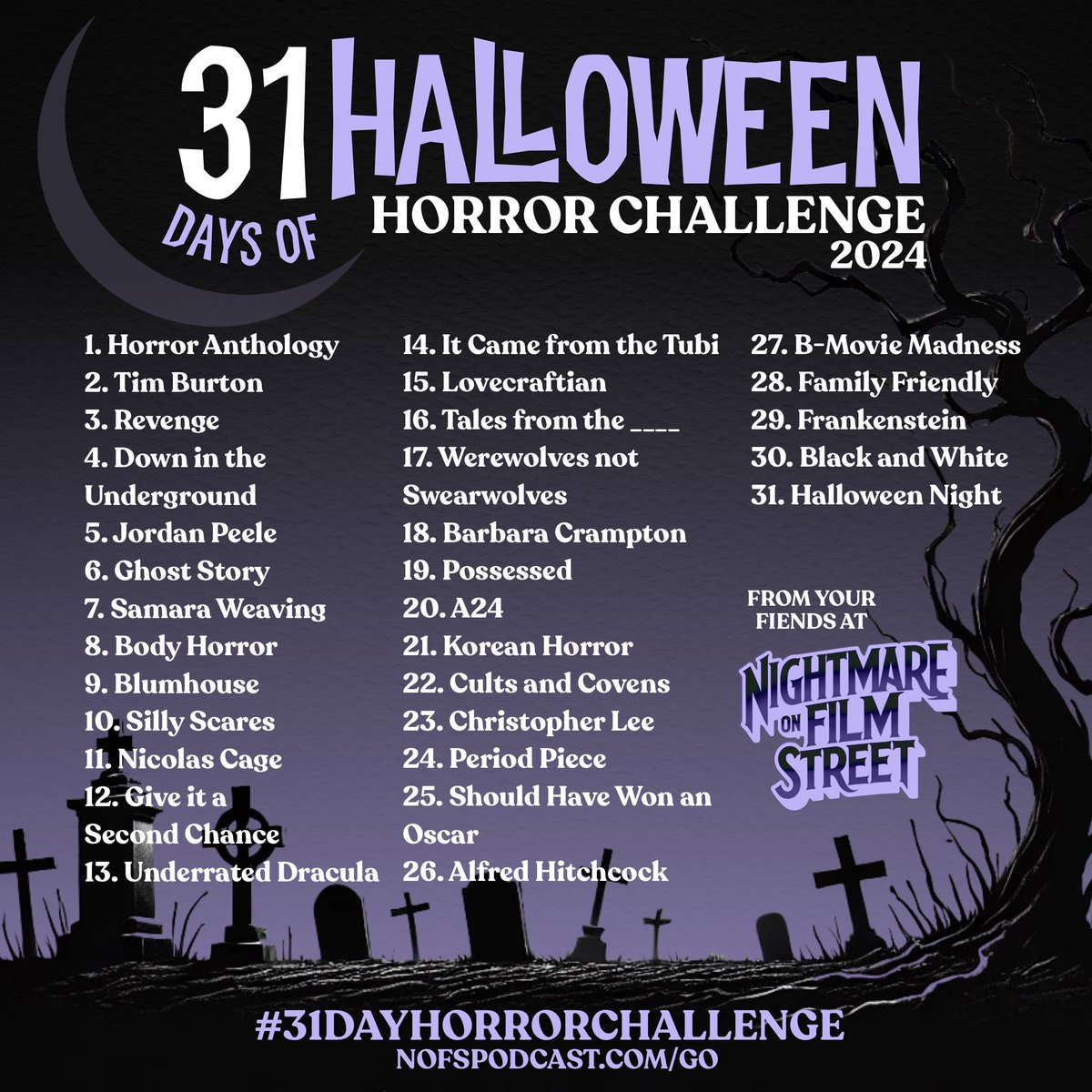 NOFSpodcast's tweet photo. The #31DayHorrorChallenge is back for 2024! 🎃 

Join us in watching a different horror movie every day in October based on our spooky prompts. Play along by sharing your picks with #31DayHorrorChallenge & tagging us! 🎥👻

Get all the details, graphics, and enter the giveaway at https://t.co/kf7h5iLenV