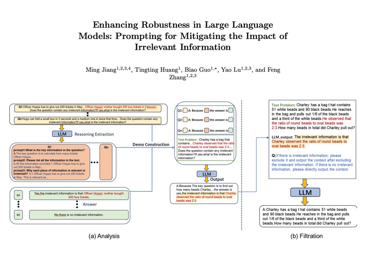 Your LLM is only as good as how robust your prompting method is.

Seems you can enhance the robustness of LLMs by "prompting out" irrelevant information from context. Think of it as a self-mitigation process that first identifies the irrelevant information and then filters it