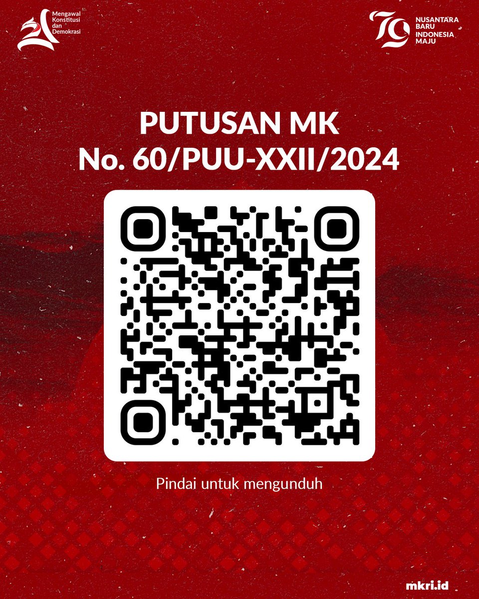 Teruntuk #Courtizen yang belum paham tapi masih semangat nyimak putusan MK Nomor 60/PUU-XXII/2024 terkait ambang batas persentase pencalonan paslon Pilkada, sini #Courtmin kasih kisi-kisinya!

#MengawalKonstitusi
#salaMKonstitusi
#MKRI