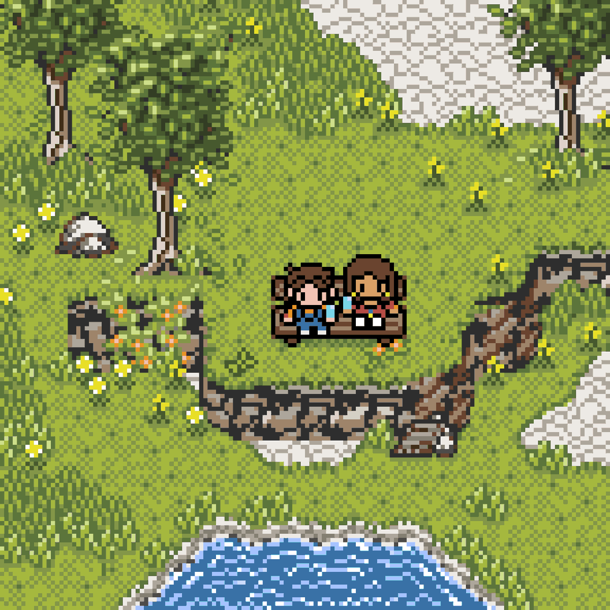 LoamBrownGames's tweet photo. Look alive people! It's time for some popsicles at the pond! This is just a little picture I threw together in-between working on some in-engine stuff. Please take a popsicle. Join Jack and Macayla, take a breath and relax, otherwise we're going to beat you up! Thanks everyone! Hope Wednesday is treating you right!

#pixelart #pixelartist  #indiedeveloper