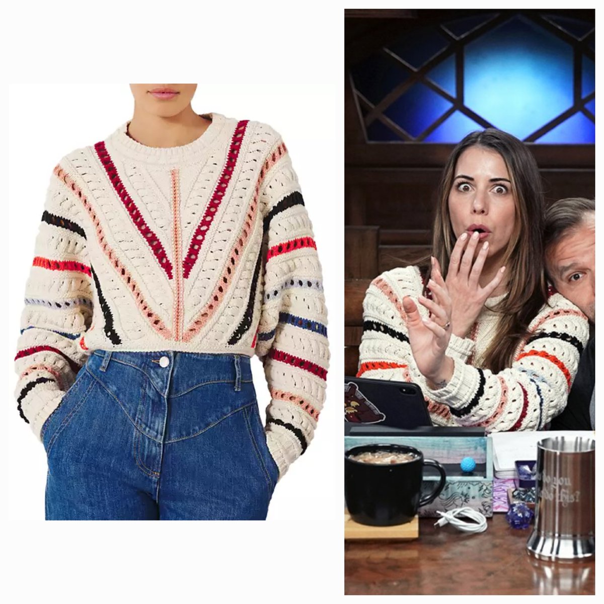 lizenrae's tweet photo. @hannahrousselot @critrolecloset If you're talking about Laura's sweater from Critical Role's episode 103 of campaign 3, I believe it's the ba&amp;sh Gardy Striped Mixed Knit Sweater. It's sold out everywhere I looked, including Bloomingdale's #CriticalRole #LauraBailey #CritRoleCloset Link: https://t.co/jGZ7IlCawl https://t.co/2PTi9IJ8vi