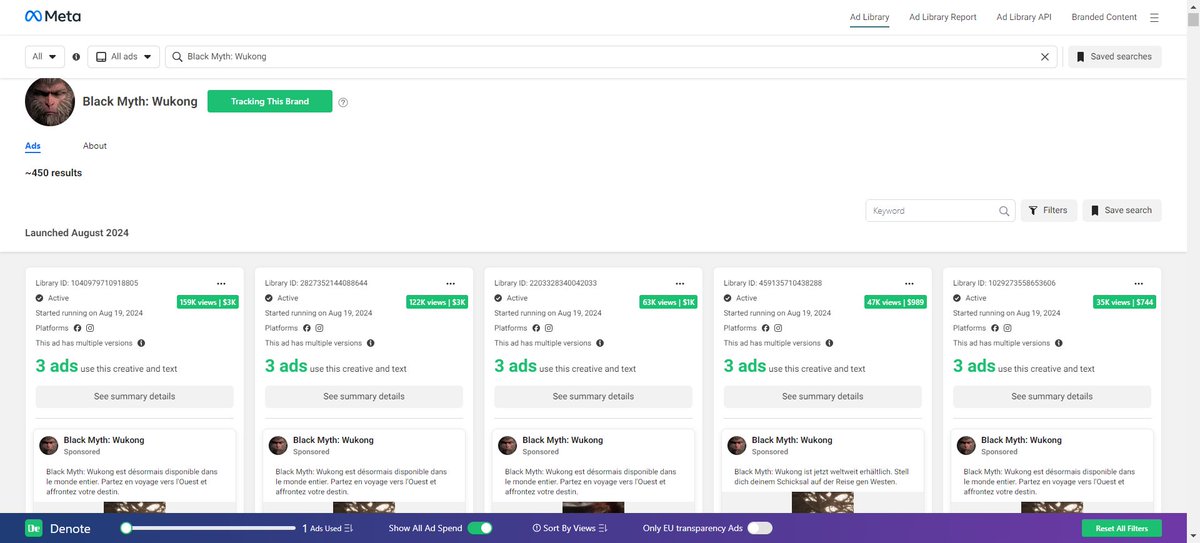 denote_net's tweet photo. Use Denote https://t.co/2lal6JKXw1 to view detailed information and data on the ad placements for Black Myth: Wukong.
#BlackMythWukong #facebookhacker https://t.co/MU5YE1TfNY
