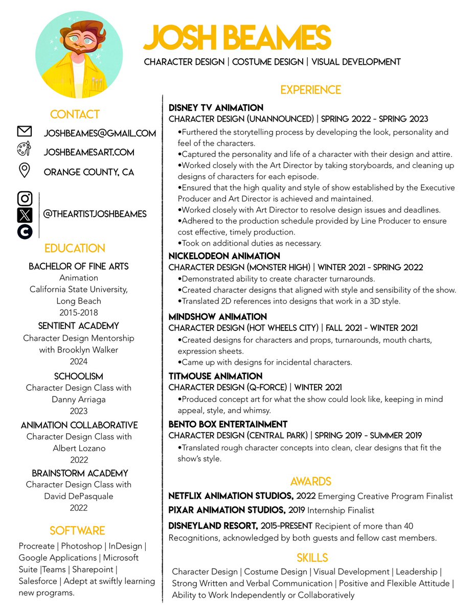 beames_josh's tweet image. New and improved art resumé! Looking for Character Design/Costume Design roles. Portfolio is under contsruction — hope to share that soon! ✨