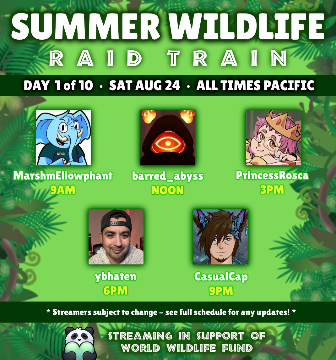 Starting this weekend, it's Raid Train time, baby! This time around, we've got 50+ streamers together to help raise funds for animals via <a href="/WWF/">WWF</a>! Kicking us off are these 5 lovely creators! Tune in &amp; ride along with us!

Full schedule, links, &amp; info here:
tinyurl.com/summerwildlife…