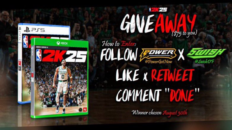 🎮 NBA 2K25 Giveaway 🎮 ($75 to you)

HOW TO ENTER:

1. Follow <a href="/PowerGotNow/">Power DF</a> and <a href="/SwishDF/">Swish DF</a>
2. Like and Retweet this TWEET
3. Comment “Done” after doing all the steps

Winner will be chosen on August 30th (in 8 days) 🏆

Good luck! 🍀