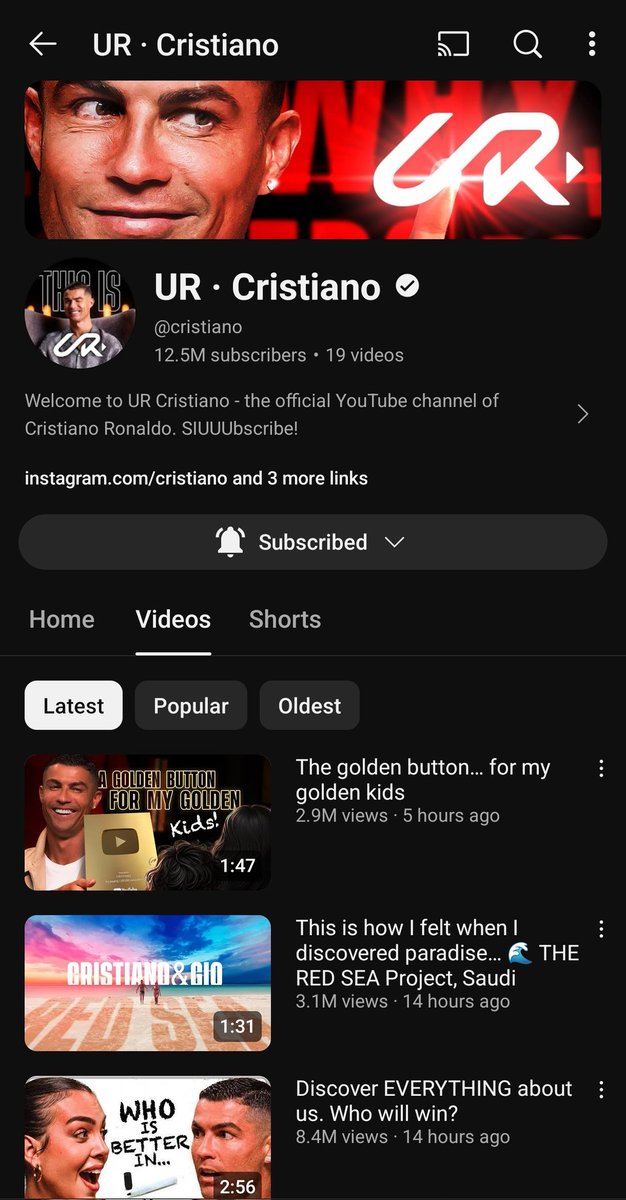 Ronaldo өчигдөр youtube сувагаа нээв 24 цагч хүрээгүй байхад 12.5 сая дагагчтай болов шууд алдан button авав. Сошл орчинд бол балмад юмаа. Хорин хэдэн жилийн хөдөлмөрийг яалтай билээ гайхалтай хөл бөмбөгчин дөө.