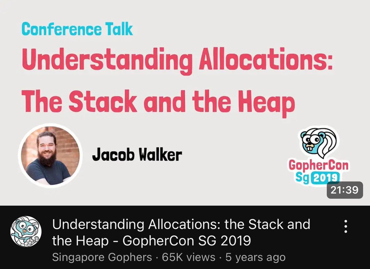 GoWithGolang's tweet image. Yesterday was looking into into memory allocation, heap vs. stack, and escape analysis and I found this gem from GopherCon 2019. Perfect for understanding what’s going where in your Go code! 

Link - youtu.be/ZMZpH4yT7M0?si…

#Golang #GoLangLearning #GopherCon #CodeSmarter