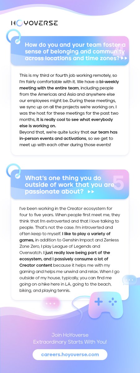 Our Five Questions With series is making a stop in Los Angeles☀️

Meet Francisco and discover how our #HoYoCREATORS team supports the sustainable growth of our creator community.

Would you like to join Francisco? ➡️hoyo.link/fcVkFBAL

#HoYoverse #LifeAtHoYo