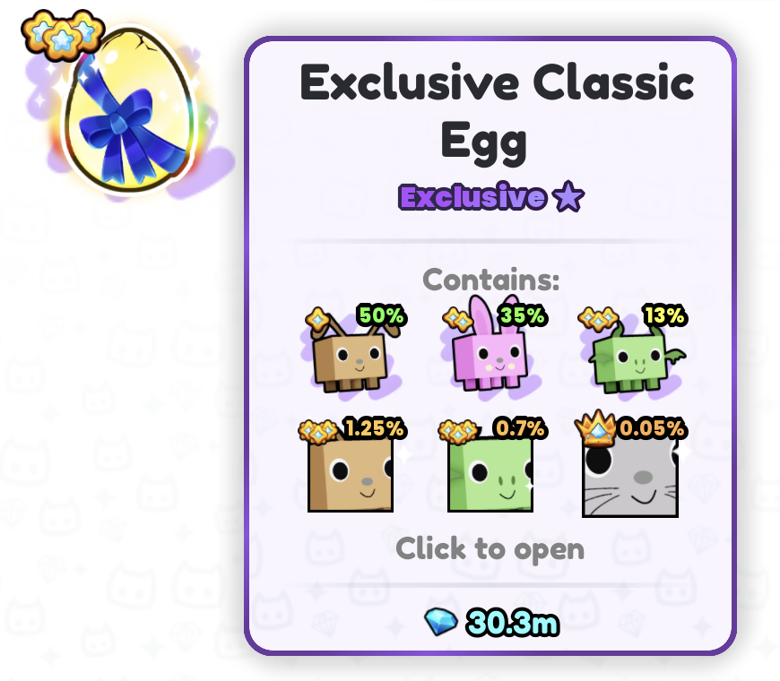🎉 DAILY GIVEAWAYS - Day 254 🎉
🥚 Exclusive Classic Egg! 🥚

Requirements:
🤝 follow me
❤️ &amp; 🔁 like &amp; RT
💬 reply w/ ur username

giveaway ends in 48 hours! good luck! 🎉
#PetSimulator99 #PetSim99 #PetSim #PS99 #PetSimulator #PetSimulator99Giveaways