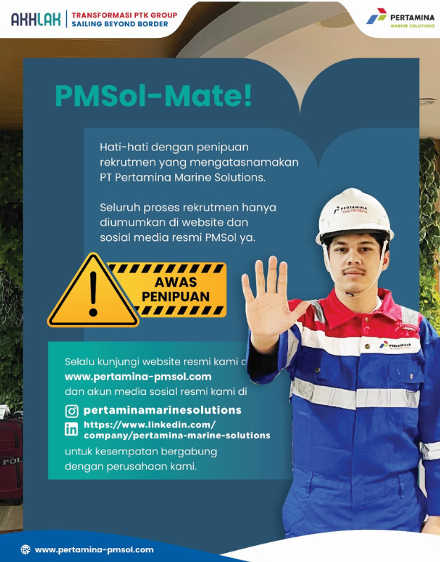 PMSol_Pertamina's tweet photo. Hati-hati dengan info lowongan kerja Palsu/Tidak Valid (Hoax) yang mengatasnamakan PMSol. Seluruh proses rekrutmen hanya diumumkan di website dan sosial media resmi PMSol. https://t.co/f2Kq7XBLxE