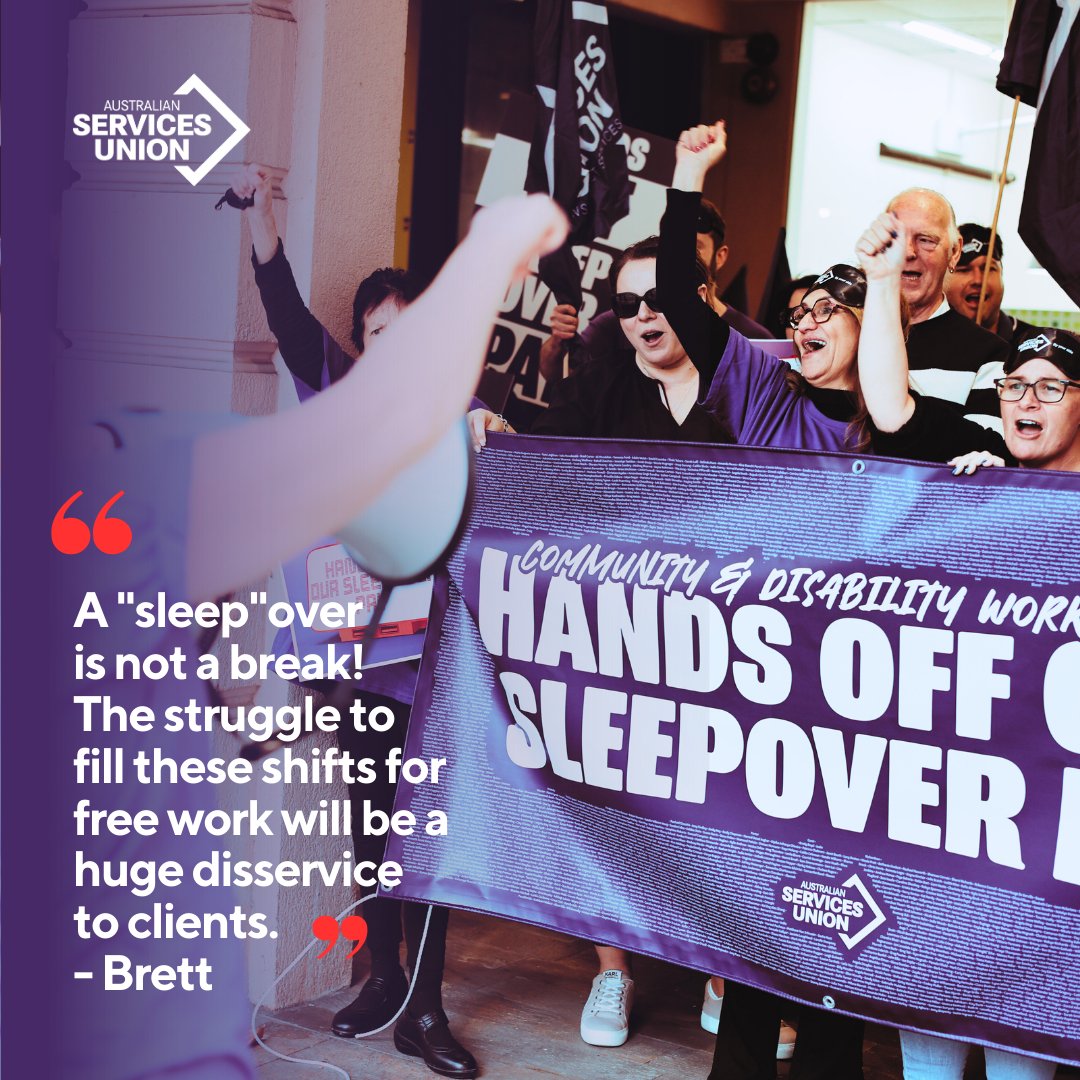 ASUnion's tweet image. Sleepover shifts are hard work, not a rest! 

Community and disability workers deserve fair pay and respect. 

Sign the petition to stop an outrageous attack on sleepover pay by the business lobby AIG: bit.ly/hands-off-slee…