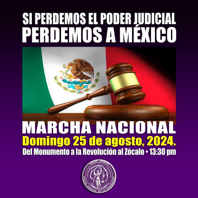 Este domingo 25 de agosto se llevará a cabo otra manifestación nacional en apoyo al #ParoDelPoderJudicial 
Dejo lista de ciudades participantes que se han ido sumando.

MARCHA NACIONAL CIUDADANA 25 AGOSTO
#IndependenciaJudicial
Actualización al día 21 agosto, tarde