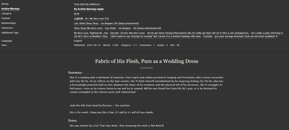WBLfics's tweet photo. New story alert #WBLficsDeYi
Fabric of His Flesh, Pure as a Wedding Dress by #sweeteas
https://t.co/KknxiRcXlb https://t.co/ADS3H81LNI