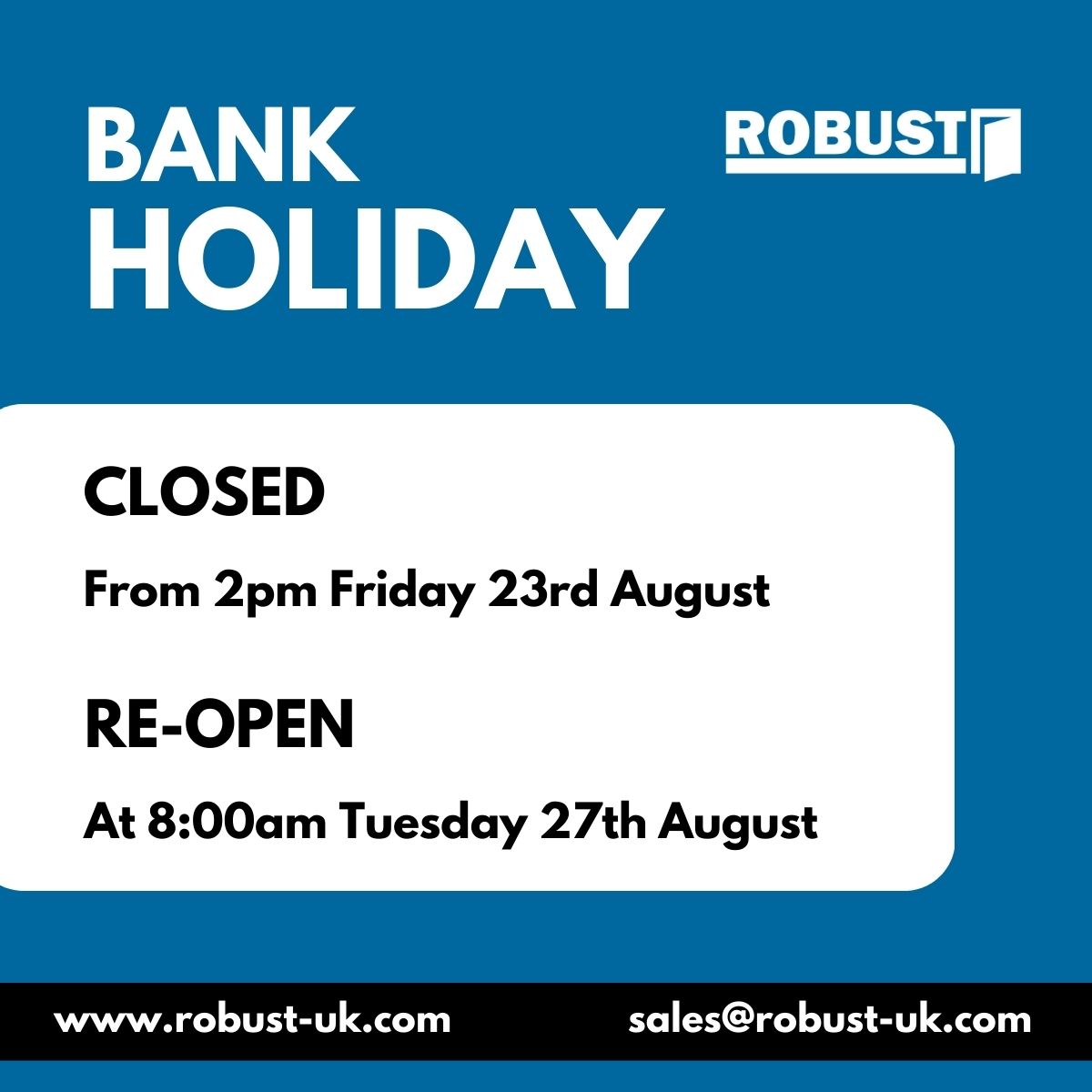 📢 Customer Announcement 📢

Please note that we close for the Summer Bank Holiday  at 2pm on Friday 23rd August, and will re-open at our usual time of 8am on Tuesday 27th August.

We wish all our customers, suppliers, friends and colleagues a lovely bank holiday weekend 😎