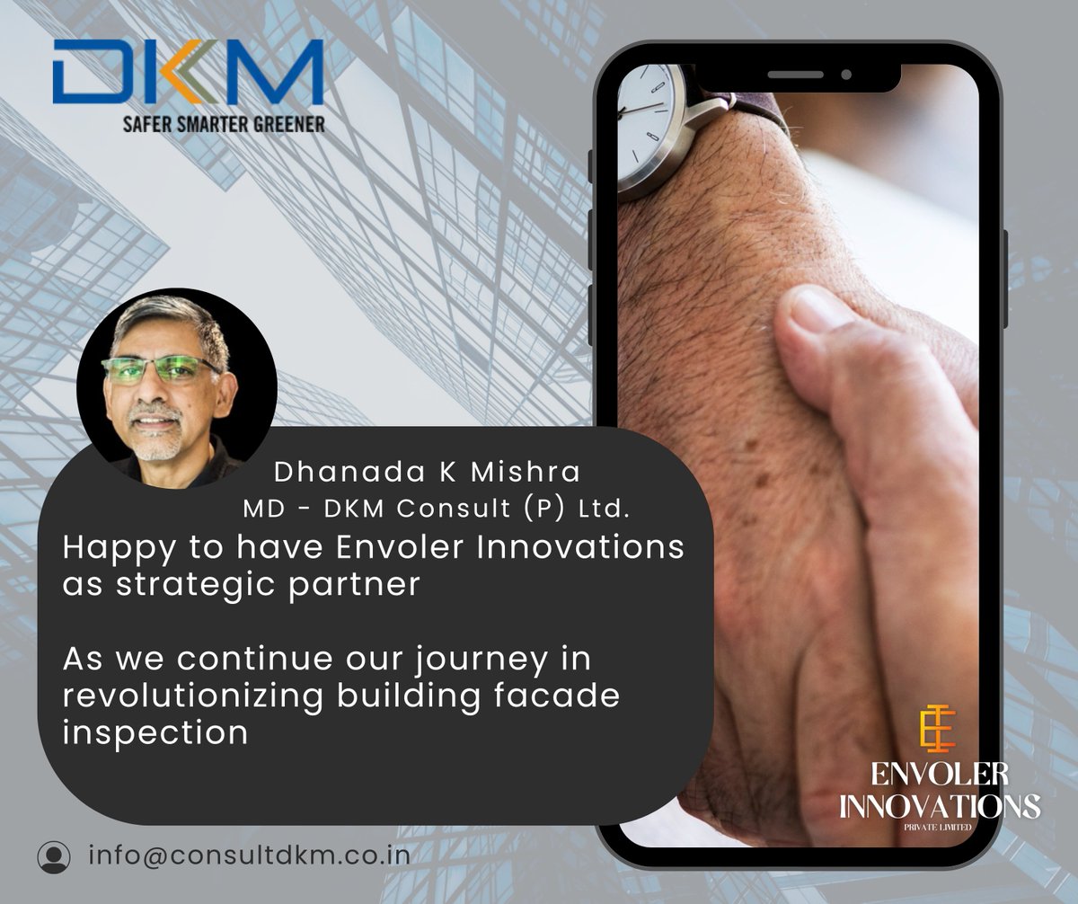 ConsultDKM's tweet image. 🚀 Exciting News! We’re thrilled to announce our strategic partnership with Envoler Innovations and DKM CONSULT (P) LIMITED, elevating building facade inspection standards with cutting-edge drone technology. 🏙️📸 #Partnership #SmartDrones #Innovation #FacadeInspection